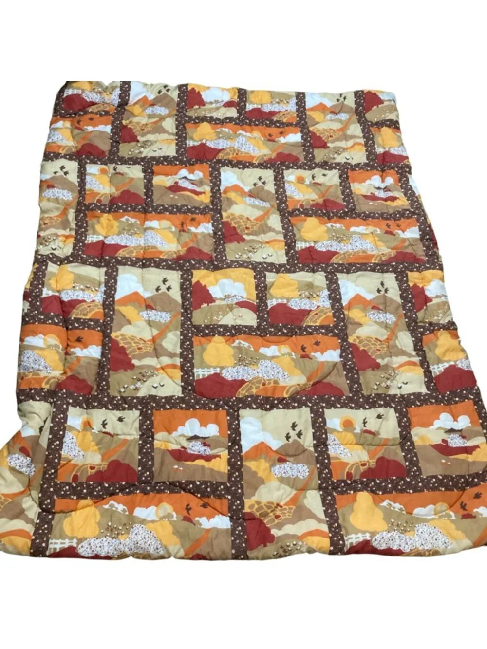 Vintage 1970's Design Comforter With Autumn Scenic Patchwork Pattern 83